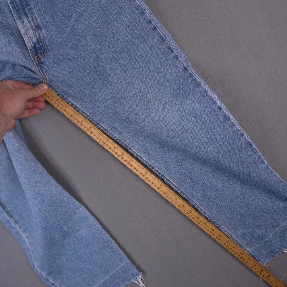 Levis 505 Regular Fit Jeans Light Wash Blue 34x30 Denim Distressed Raw Hem 90s